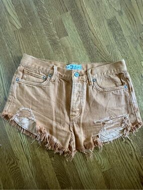 Loving Good Vibrations Cutoffs Distressed Frayed Hem Women’s Shorts - Tan